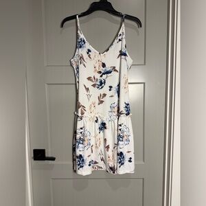 AUSELILY Spaghetti Strap Babydoll Dress Floral White Blue Boho Sundress - Large